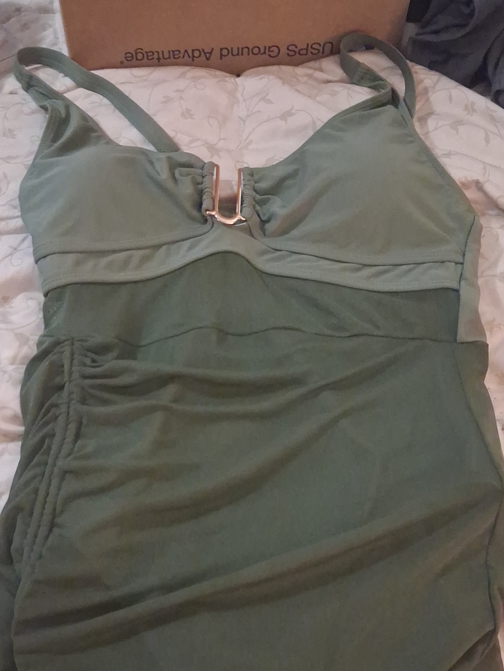 Olive green one piece swimsuit with gold accents and sheer green mesh skirt